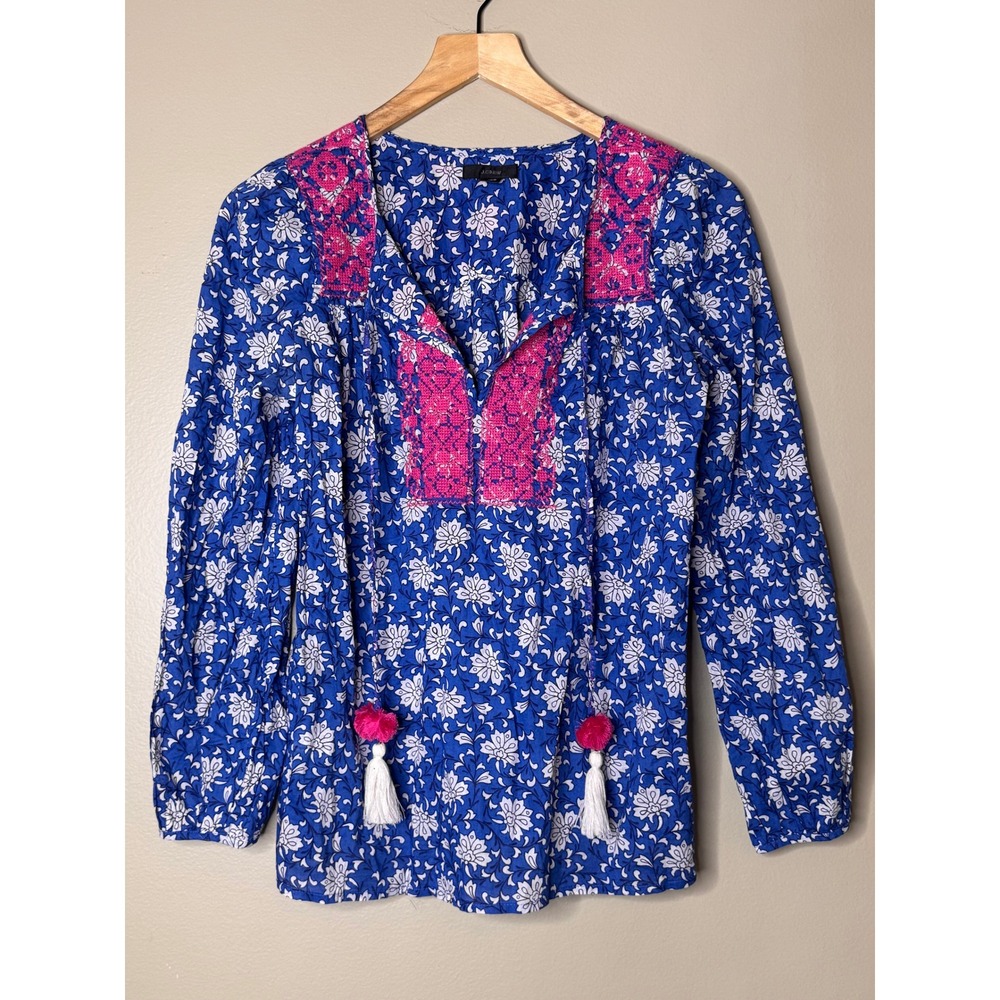 J.Crew Blue White Floral Embroidered Peasant Blouse XXS Tassel Boho Cotton